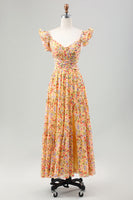 Laden Sie das Bild in den Galerie-Viewer, Gelbe Blume A Linie V-Ausschnitt Print Plissee Hochzeitsgastkleid mit Schlitz