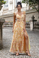 Laden Sie das Bild in den Galerie-Viewer, Gelbe Blume A Linie V-Ausschnitt Print Plissee Hochzeitsgastkleid mit Schlitz