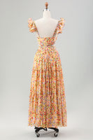 Laden Sie das Bild in den Galerie-Viewer, Gelbe Blume A Linie V-Ausschnitt Print Plissee Hochzeitsgastkleid mit Schlitz