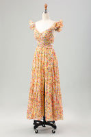 Laden Sie das Bild in den Galerie-Viewer, Gelbe Blume A Linie V-Ausschnitt Print Plissee Hochzeitsgastkleid mit Schlitz