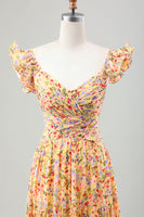Laden Sie das Bild in den Galerie-Viewer, Gelbe Blume A Linie V-Ausschnitt Print Plissee Hochzeitsgastkleid mit Schlitz