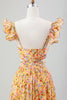 Laden Sie das Bild in den Galerie-Viewer, Gelbe Blume A Linie V-Ausschnitt Print Plissee Hochzeitsgastkleid mit Schlitz