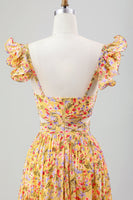 Laden Sie das Bild in den Galerie-Viewer, Gelbe Blume A Linie V-Ausschnitt Print Plissee Hochzeitsgastkleid mit Schlitz