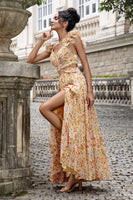 Laden Sie das Bild in den Galerie-Viewer, Gelbe Blume A Linie V-Ausschnitt Print Plissee Hochzeitsfeier Gästekleid mit Schlitz