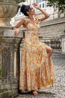 Laden Sie das Bild in den Galerie-Viewer, Gelbe Blume A Linie V-Ausschnitt Print Plissee Hochzeitsfeier Gästekleid mit Schlitz