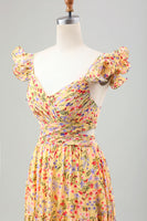 Laden Sie das Bild in den Galerie-Viewer, Gelbe Blume A Linie V-Ausschnitt Print Plissee Hochzeitsgastkleid mit Schlitz