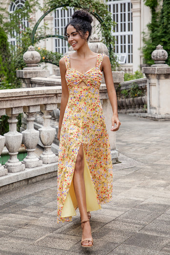 Gelbe Blume A Linie Druck Korsett Hochzeitsgastkleid mit Schlitz