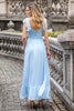Laden Sie das Bild in den Galerie-Viewer, Himmelblaues A-Linie Chiffon Plissee Rüschenärmel Bodenlanges Kleid mit Schlitz