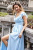 Laden Sie das Bild in den Galerie-Viewer, Himmelblaues A-Linie Chiffon Plissee Rüschenärmel Bodenlanges Kleid mit Schlitz