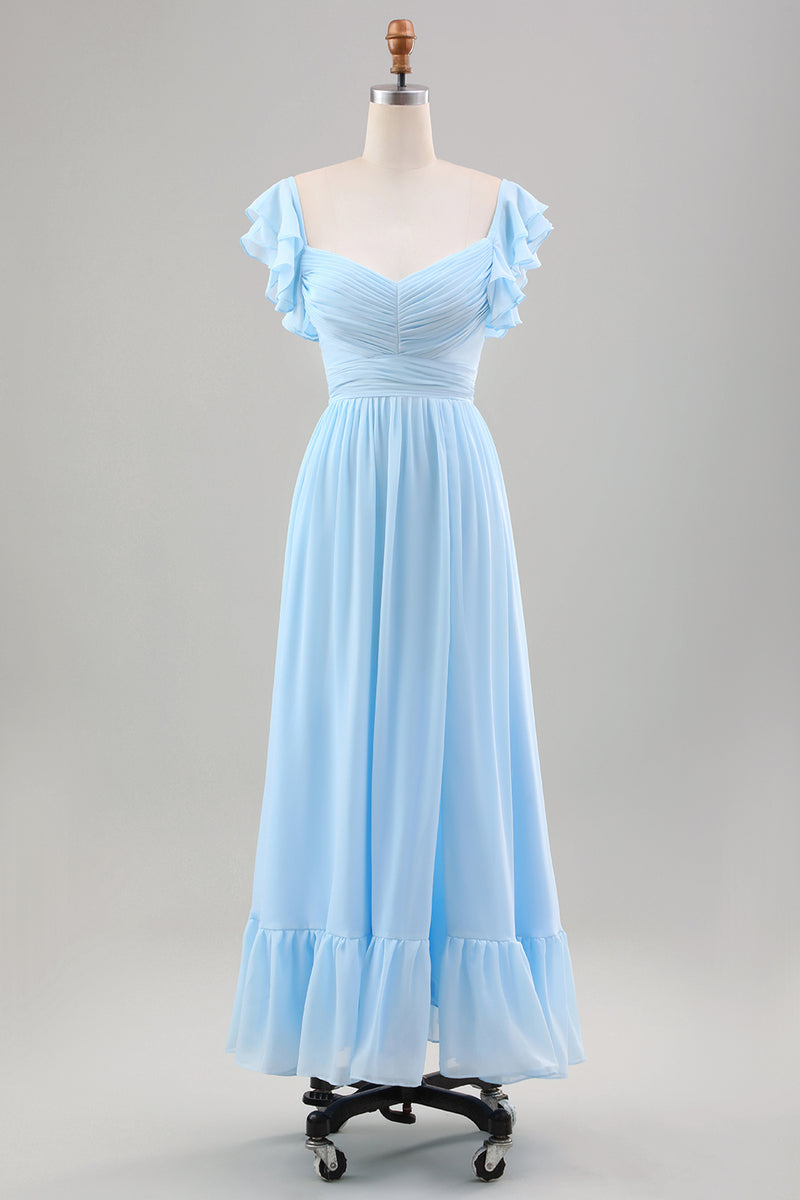 Laden Sie das Bild in den Galerie-Viewer, Himmelblaues A-Linie Chiffon Hochzeitsgastkleid mit Rüschenärmeln