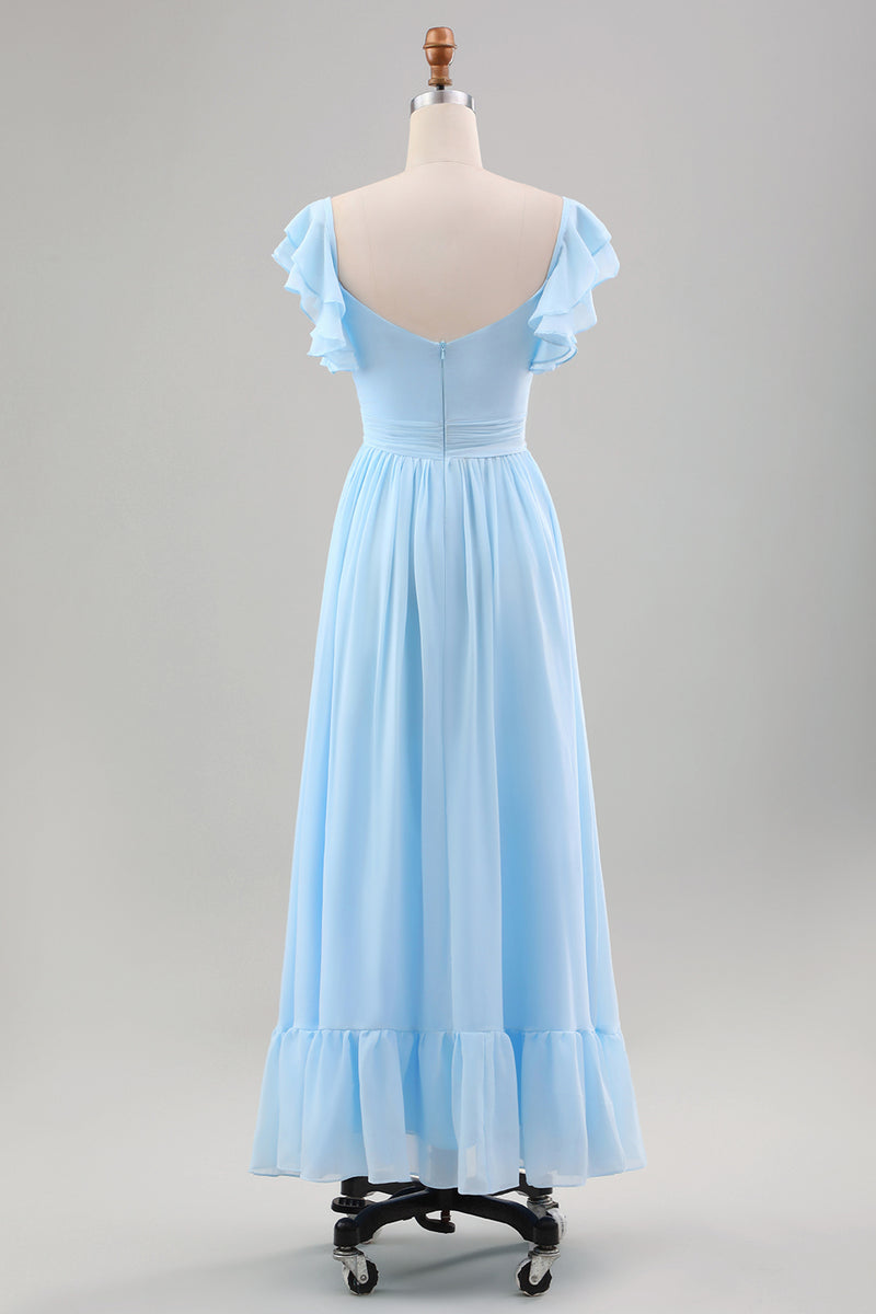 Laden Sie das Bild in den Galerie-Viewer, Himmelblaues A-Linie Chiffon Hochzeitsgastkleid mit Rüschenärmeln