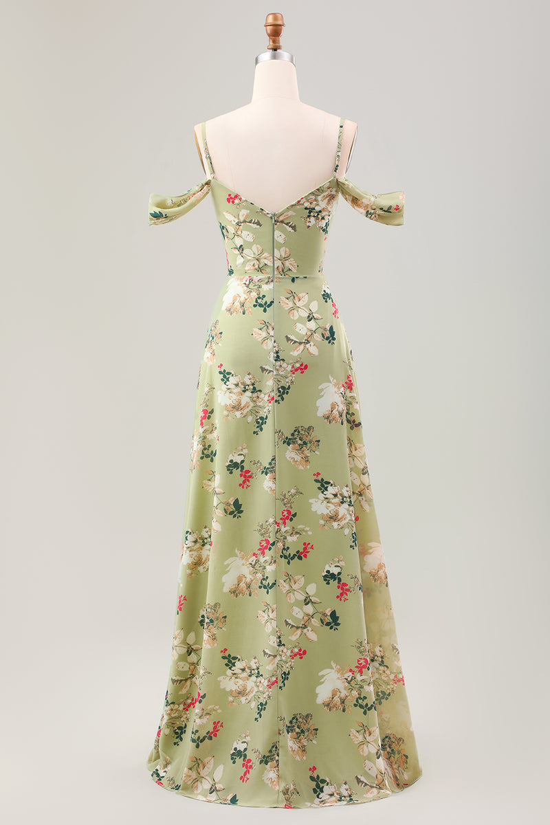 Laden Sie das Bild in den Galerie-Viewer, Grünes A-Linie Spaghettiträger Blumenkleid für Hochzeitsgäste mit Schlitz