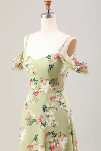 Grünes A-Linie Spaghettiträger Blumenkleid für Hochzeitsgäste mit Schlitz