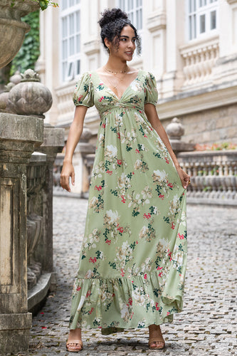 Grüne Blume A Linie V-Ausschnitt Rückenfreies Hochzeitsfeier Gästekleid mit kurzen Ärmeln