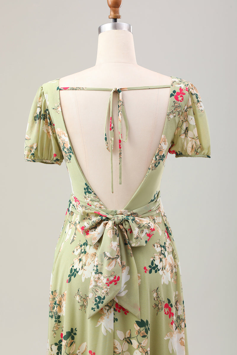 Laden Sie das Bild in den Galerie-Viewer, Grüne Blume A Linie V-Ausschnitt Teelänge Hochzeitsgastkleid mit kurzen Ärmeln