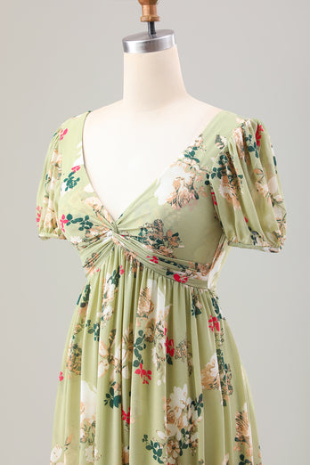 Grüne Blume A Linie V-Ausschnitt Teelänge Hochzeitsgastkleid mit kurzen Ärmeln