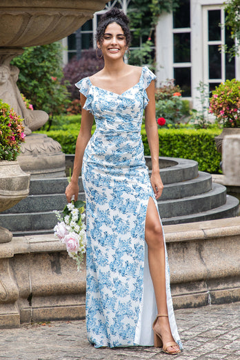 Weiß Blau Blume Meerjungfrau Druck Maxi Hochzeit Party Gästekleid mit Schlitz