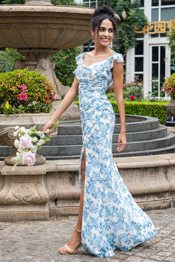 Weiß Blau Blume Meerjungfrau Druck Maxi Hochzeit Party Gästekleid mit Schlitz