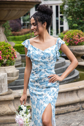 Weiß Blau Blume Meerjungfrau Druck Maxi Hochzeit Party Gästekleid mit Schlitz