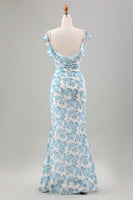Laden Sie das Bild in den Galerie-Viewer, Weiß Blau Blume Meerjungfrau Druck Maxi Hochzeit Party Gästekleid mit Schlitz