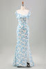 Laden Sie das Bild in den Galerie-Viewer, Weiß Blau Blume Meerjungfrau Langes Hochzeitsgastkleid mit Schlitz