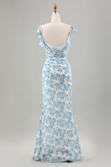 Weiß Blau Blume Meerjungfrau Langes Hochzeitsgastkleid mit Schlitz