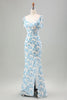 Laden Sie das Bild in den Galerie-Viewer, Weiß Blau Blume Meerjungfrau Langes Hochzeitsgastkleid mit Schlitz