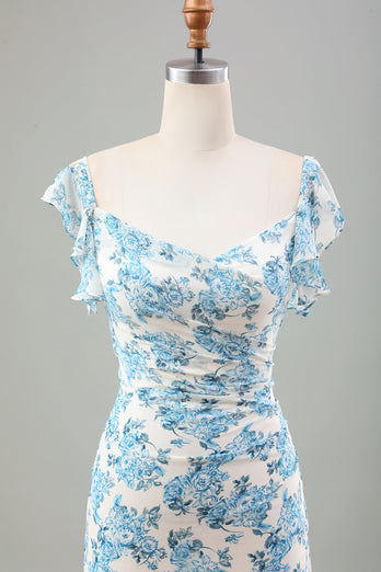 Weiß Blau Blume Meerjungfrau Langes Hochzeitsgastkleid mit Schlitz