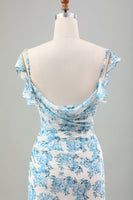 Laden Sie das Bild in den Galerie-Viewer, Weiß Blau Blume Meerjungfrau Langes Hochzeitsgastkleid mit Schlitz