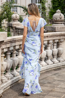 Laden Sie das Bild in den Galerie-Viewer, Blaues Blumen A-Linie Rüschen Asymmetrisches Hochzeitsparty Gästekleid mit Schlitz