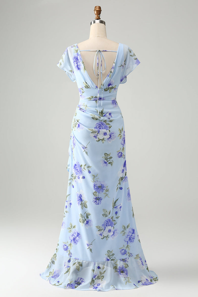 Laden Sie das Bild in den Galerie-Viewer, Blaues Blumen A-Linie Rüschen Asymmetrisches Hochzeitsgastkleid