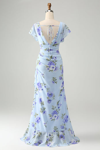 Blaues Blumen A-Linie Rüschen Asymmetrisches Hochzeitsparty Gästekleid mit Schlitz