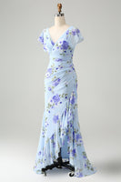 Laden Sie das Bild in den Galerie-Viewer, Blaues Blumen A-Linie Rüschen Asymmetrisches Hochzeitsgastkleid