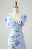 Laden Sie das Bild in den Galerie-Viewer, Blaues Blumen A-Linie Rüschen Asymmetrisches Hochzeitsgastkleid