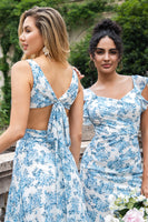 Laden Sie das Bild in den Galerie-Viewer, Weiß Blau Blume A-Linie Rüschen High-Low Hochzeitsfeier Gästekleid
