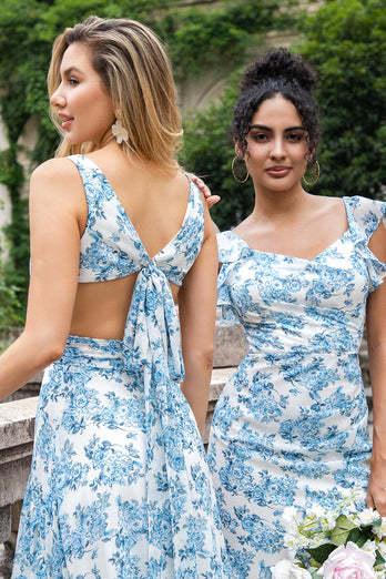 Weiß Blau Blume A-Linie Rüschen High-Low Hochzeitsfeier Gästekleid