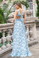 Laden Sie das Bild in den Galerie-Viewer, Weiß Blau Blume A-Linie Rüschen High-Low Hochzeitsfeier Gästekleid