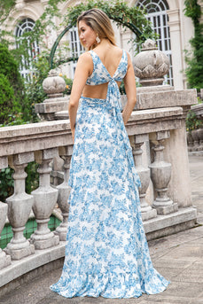 Weiß Blau Blume A-Linie Rüschen High-Low Hochzeitsfeier Gästekleid