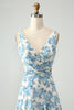 Laden Sie das Bild in den Galerie-Viewer, Weiß Blaue Blume A-Linie Rüschen Hoch Niedrig Hochzeitsgastkleid