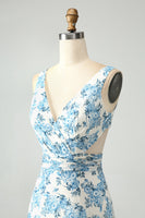 Laden Sie das Bild in den Galerie-Viewer, Weiß Blaue Blume A-Linie Rüschen Hoch Niedrig Hochzeitsgastkleid