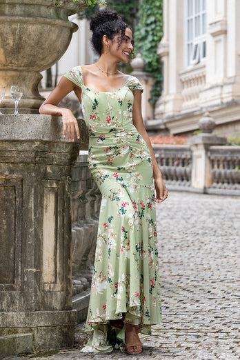 Grüne große Blume Meerjungfrau Korsett Druck Maxi Hochzeitsfeier Gästekleid