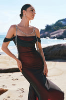 Laden Sie das Bild in den Galerie-Viewer, Schwarz-Rot Meerjungfrau Kalte Schultern Langes Brautjungfernkleid