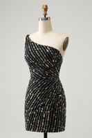 Laden Sie das Bild in den Galerie-Viewer, Glitzer Schwarz Eine Schulter Etui Kurzes Abiballkleid mit Perlenstickerei