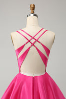 Laden Sie das Bild in den Galerie-Viewer, Fuchsia A Linie Spaghettiträger Rückenfreies kurzes süßes Abiballkleid