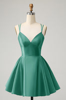 Laden Sie das Bild in den Galerie-Viewer, Fuchsia A Linie Spaghettiträger Rückenfreies kurzes süßes Abiballkleid