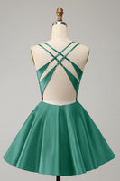 Laden Sie das Bild in den Galerie-Viewer, Fuchsia A Linie Spaghettiträger Rückenfreies kurzes süßes Abiballkleid