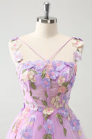 Laden Sie das Bild in den Galerie-Viewer, Lila A Linie Neckholder Blumen Tüll Kurzes Cocktailkleid
