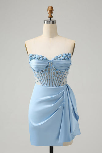Glitzerndes blaues figurbetontes Korsett Abiballkleid mit Perlen