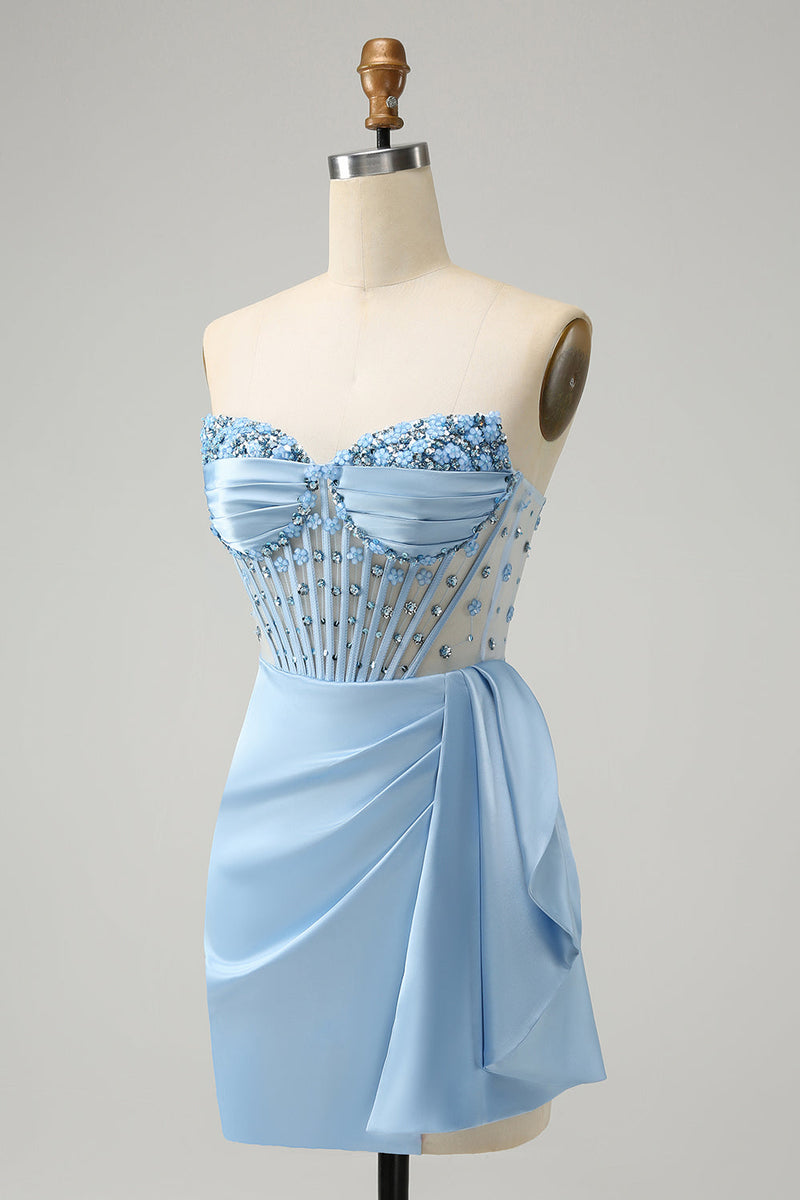 Laden Sie das Bild in den Galerie-Viewer, Glitzerndes blaues figurbetontes Korsett Abiballkleid mit Perlen