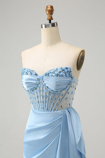 Glitzerndes blaues figurbetontes Korsett Abiballkleid mit Perlen